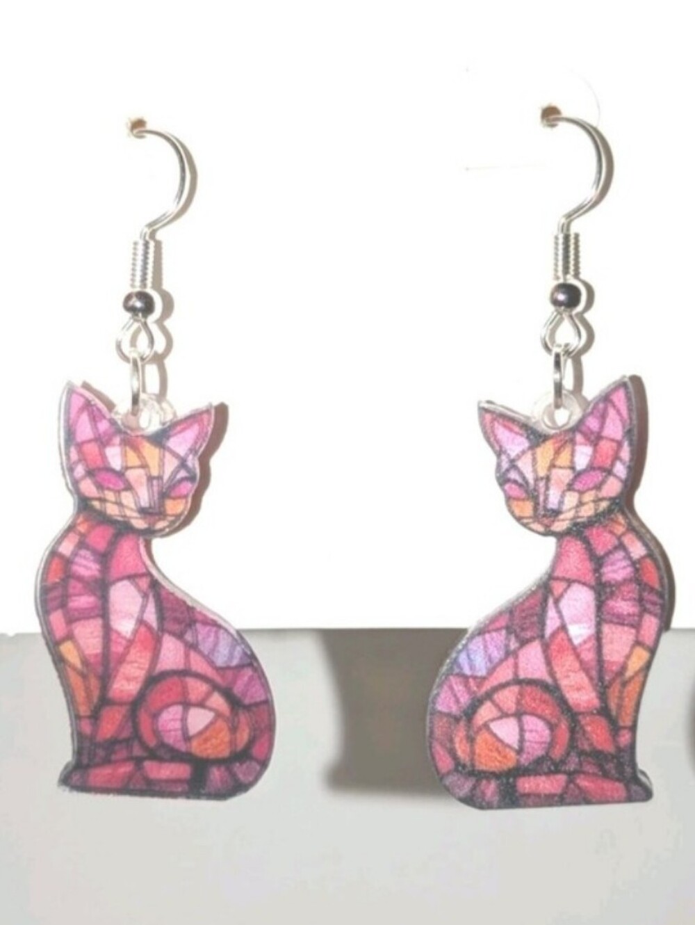 Pink Mosaic Cat Dangle Earrings - Cat